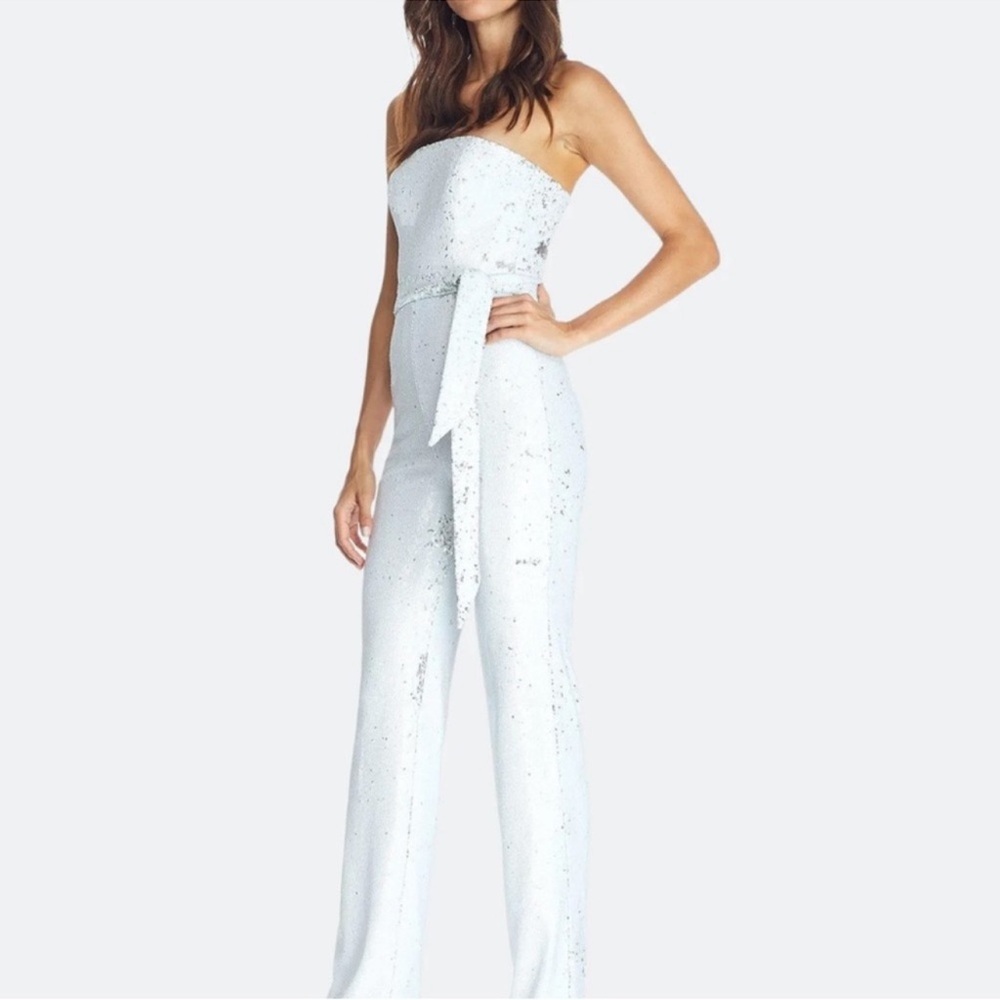 BNWT DRESS THE POPULATION Elegant White Strapless Jumpsuit silver white sequin
